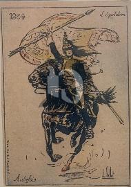 Recto carte postale ancienne soldat français de 1804 sur un cheval avec drapeau dans la main droite avec insciption L'équitation, Autrefois et 1804