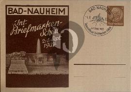 Recto carte postale ancienne image à gauche inscription de la ville de Bad-Nauheim septembre 1937 exposition de timbres en Allemagne
