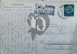Verso carte postale ancienne Festpostkarte Reichsparteitag Nuremberg 1938 Tampon Reichsparteitag grossdeutschland timbre Hindenbourg vert deutsche reich