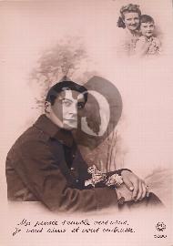 Recto carte postale ancienne soldat ww1 qui pense à sa famille avec un texte de poésie « Ma pensée s'envole vers »