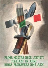 Recto carte postale ancienne une dague avec un drapeau italien inscription en vert annonçant l'exposition d'artistes à Rome 1942