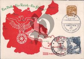 Recto carte postale ancienne carte de l'Allemagne nazi avec les sudétes ajouter inscrit « Ein volk ein reich ein fuhrer » tampon et timbre Berlin WHW 1938