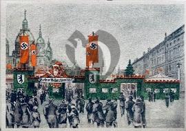 Recto carte postale ancienne vu sur le marché de noel Berlin 1936 avec drapeaux rouge nazi et logo de Berlin ours noir