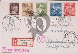 verso carte postale ancienne tampon Strasbourg et les 4 timbres du RAD et un d'Hitler Einschreiben recommandé 
