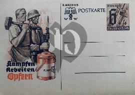 Recto carte postale ancienne du secours d'hiver allemand, on voit un travailleur et soldat avec une boite de rammassage d'argent rouge WHW logo du Kriegs WHW 1941