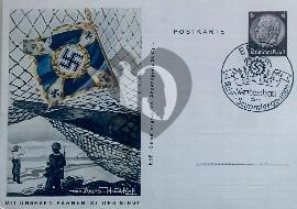 recto carte postale ancienne drapeaux Kriegsmarine , un canon et deux soldats des gardes cotiéres, avec tampon des collectionneurs KDF sammlergruppe 1941