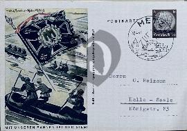 Recto carte postale ancienne drapeaux pionniers Wehrmacht, soldats Allemands traversant un canal en bateau pneumatique avec tampon de la ville de Metz 1941