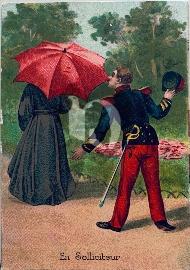 Recto carte postale ancienne soldat français qui sollicite une dame 1910