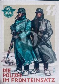 Recto carte postale ancienne 2 policiers avec mitraillette à la main  1 SS ( Schutzstaffel) & 1 policier SS (SD) sur le front Est en URSS logo de la Police SS et rune SS avec tank de combat char T34 et panzer, inscription Die Polizei im Fronteinsatz (La P