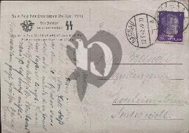 Verso carte postale ancienne tampon ville Dachau et timbre Hitler 1942