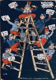 Recto carte postale ancienne Des militaires habillé 3e république sur une échelle théme de la cpa «Echelle de la classe» 1906