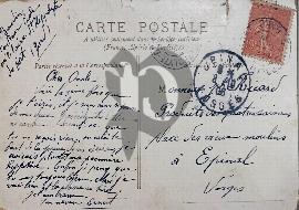 Verso carte postale ancienne tampon Epinal dans les vosges 1906 avec timbres rouges république française 10 centimes