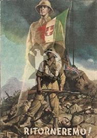 Carte postale de propagande Italienne 1942 on voit un soldat italien avec son arme hisser le drapeau Italien et par terre le drapeau anglais avec des soldats anglais mort au combat