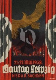 Recto carte postale ancienne deux drapeaux national-socialiste sur les extrémités un aigle en haut au millieu il y a plusieurs drapeaux identique avec inscripiton de l'événement Hautag Leipzig NSDAP Sachsen 21-22 Mai 1938