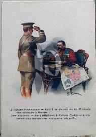 Recto carte postale ancienne soldat saluant militérement son officier qui lui est assis avec une carte sur la table avec sa plume entre les mains et un texte se moquant des allemands 1915
