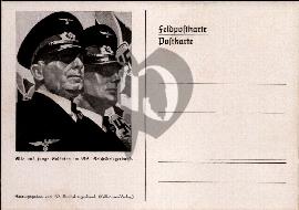 Recto carte postale ancienne à gauche image de deux anciens soldats allemandsavec leurs costumes et képi avec l'aigle croix de fer et le drapeau NS-Reichskriegerbund 1940