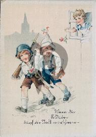 recto carte postale ancienne dessin en couleur un enfant qui jette une rose par la fenétre et deux autres qui partent un avec un tambour et un chapeau pointue en papier et l'autre avec casque allemand et fusil à l'épaule avec une église dans le fond 1935
