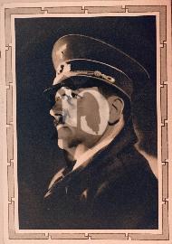 recto carte postale ancienne portrait d'Adolf Hitler de coté en noir et blanc avec sa casquette 1939