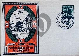 recto carte postale ancienne illustration avec au centre la ville de Braunau ville origine d'Hitler avec un décalage d'impression 1938