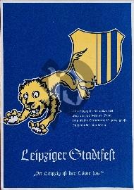 recto carte postale ancienne illustration d'un lion jaune et du blason de la ville de Leipzig popur la fête de la ville 1939