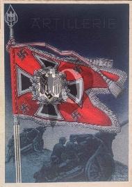 recto carte postale ancienne drapeau Artillerie Wehrmacht 1942 dessin de Gottfried Klein drapeaux et étendarts de l'armée allemande