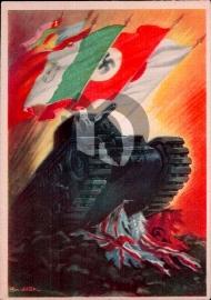 recto carte postale ancienne char italien qui roule sur les drapeaux alliées propagande italienne 1941