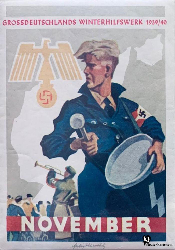 Vignette du secours d hiver allemand du mois de Novembre, Jeune hitlérien au tambour avec brassard swastika et aigle Winterhilfswerk