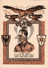 Recto carte postale ancienne	portrait de Hosrt Wessel aigle royal avec croix gammée et deux blasson un avec un treffle et l'autre avec un aigle
