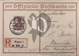 Verso carte postale officielle carte tampon weimar avec un grand R pour recommandé