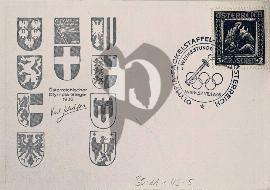 Verso carte postale timbre Autriche avec tampon JO Wien 1936 et des blasons d'Autriche