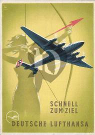 Recto carte postale jaune/vert avion de la Lufthansa avec une femme avec un arc et une fléche 