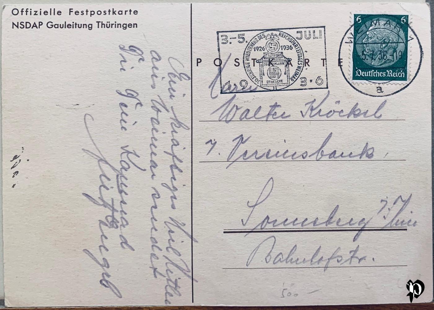 Verso carte postale Tampon Thüringen Weimar 1926-36 timbre Hinderbourg