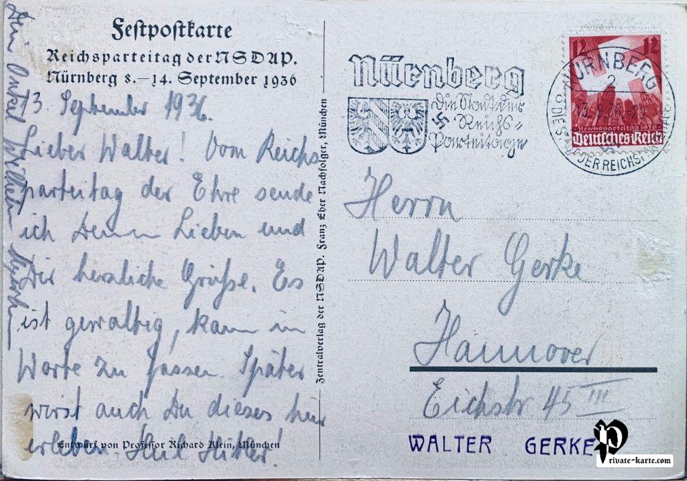 Verso carte postale tampon Sütterlin, timbre rouge Nuremberg 1936
