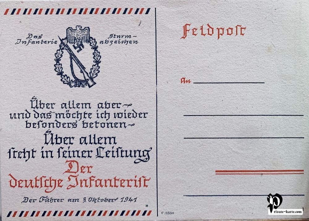 Recto carte postale Feldpost citation Hitler Insigne de combat d'infanterie Wehrmacht