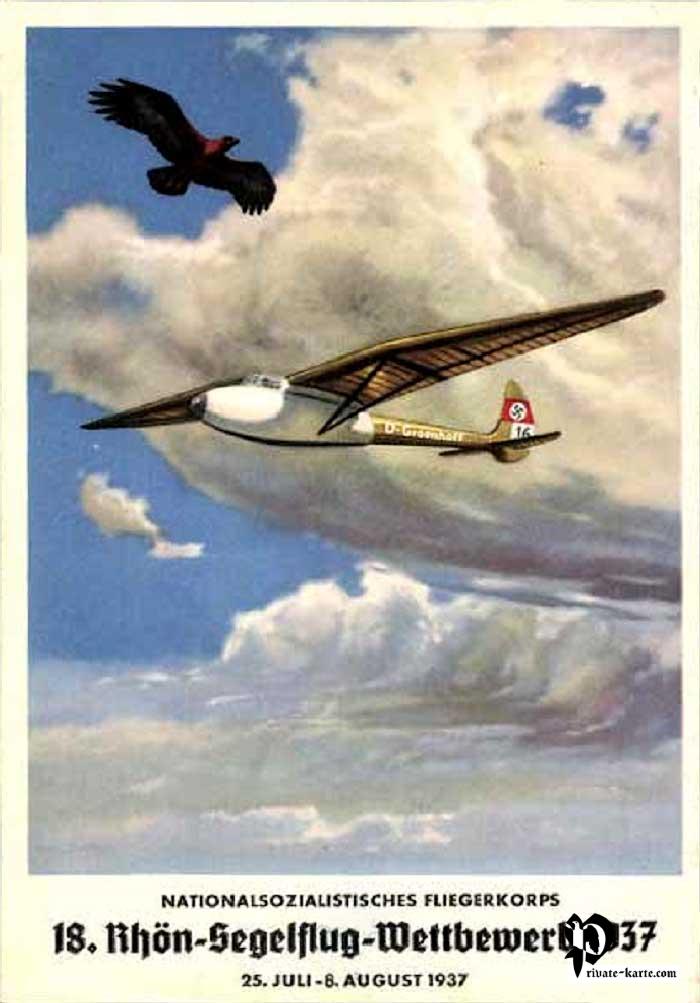 Recto carte postale Aigle et planeur	 dans le ciel NSFK 1937
