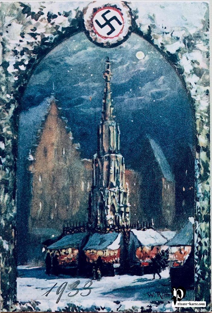 Recto carte postale Eglise Nuremberg marché de noel